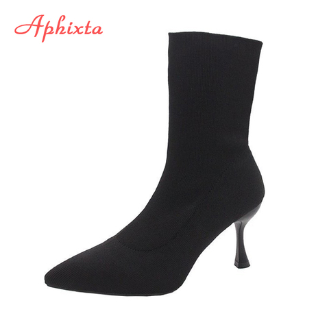 Aphixta 9cm 7cm 5cm Stretch tissu chaussettes bottes femmes noir chaussures élégant bout pointu tricot élastique bottines pour les femmes ► Photo 1/6