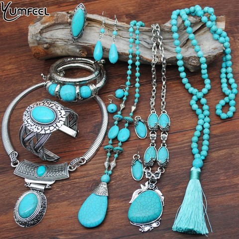 Yumfeel nouveau Bracelet Turquoise ensemble de bijoux Vintage argent plaqué collier Bracelet boucle d'oreille anneau bijoux ensembles femmes ► Photo 1/6