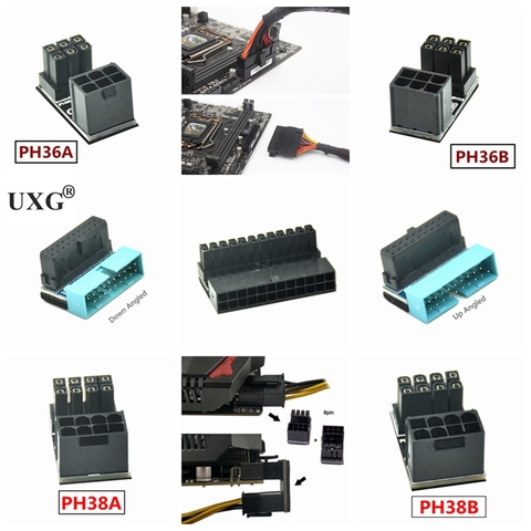 180 degrés coudé ATX femelle 6Pin 8pin à mâle 6pin 8pin 24pin adaptateur d'alimentation pour ordinateurs de bureau carte graphique direction d'installation ► Photo 1/5