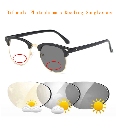 Bifocales photochromiques gris/thé lunettes de lecture loupe femmes hommes regarder près de loin presbyte lunettes de soleil rétro Rivets demi-cadre ► Photo 1/6