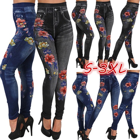 Mode femmes Leggings imprimé fleuri crayon pantalon Leggins 2022 3XL grande taille décontracté taille haute Faux Denim pantalon bas noir ► Photo 1/6