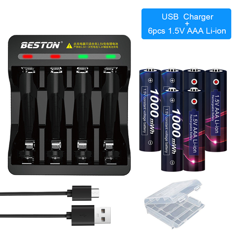 Batterie Li-ion Rechargeable, 1.5v, AAA, 1000mwh, 1.5V, avec Led, chargeur intelligent ► Photo 1/6