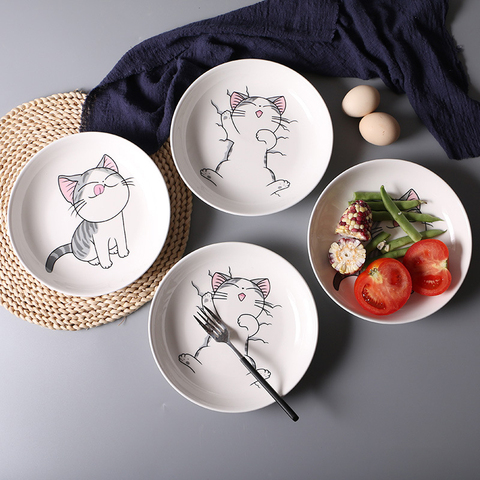 Assiette de céramique pour enfants disque de Fruits plat à Steak petit déjeuner plateau de Fruits dîner 2 pièces, dessin animé original chat ► Photo 1/6