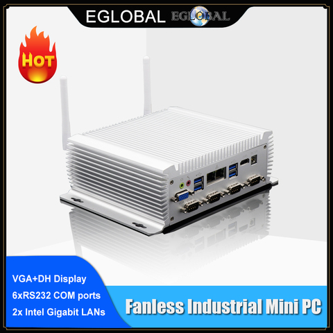 Eglobal Fanless mini pc industriel Win10 Core i7 i5 i3 2 * Intel Gigabit Lan 6 * RS232 8 * USB micro ordinateur linux 3G 4G Wifi 2 * HDMI ► Photo 1/6