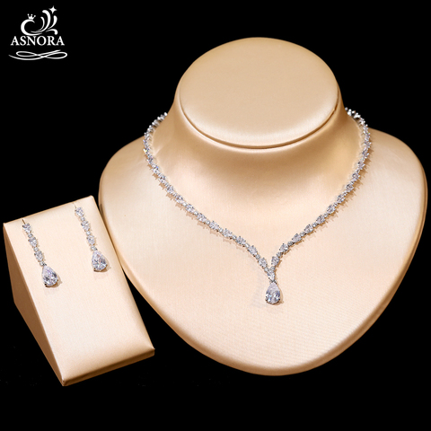 ASNORA éblouissante zircon cubique collier de mariage boucles d'oreilles goutte d'eau 2 pièces ensemble vêtements pour femmes fête ensemble de bijoux accessoires ► Photo 1/5