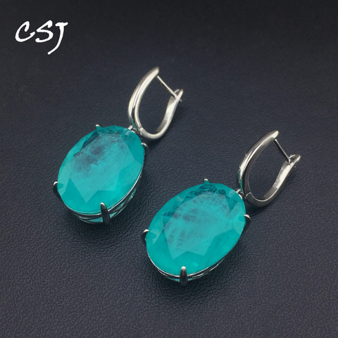 CSJ élégant Paraiba Tourmaline boucles d'oreilles en argent Sterling 925 pierre précieuse pour les femmes bijoux fins fête boîte-cadeau de mariage, livraison gratuite ► Photo 1/6