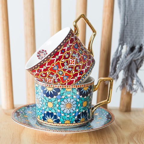 Ensemble de luxe tasse à café et soucoupe de Style marocain, avec poignée en or, pour tasse à thé en céramique spécial Cappuccino, 250ml ► Photo 1/6