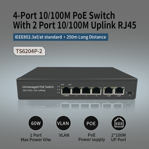 Commutateur POE 6ports avec 4 ports POE, commutateur AIPOE pour caméra, ap sans fil, commutateur poe super haute, commutateur poe 250m ► Photo 1/5