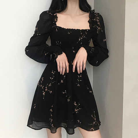 Robe courte noire, manches longues, imprimé floral, style style style style style bohème, élastique, tenue de soirée, style coréen, été décontracté, W089 ► Photo 1/6