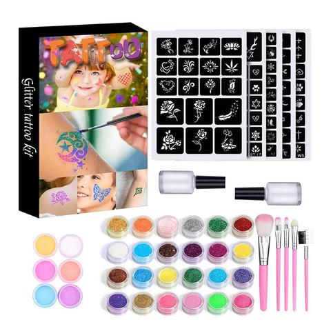 30 couleurs diamant paillettes temporaire ensemble de tatouage paillettes poudre maquillage brosse tatouage colle tatouage fête visage corps Art Kits pour enfants ► Photo 1/6