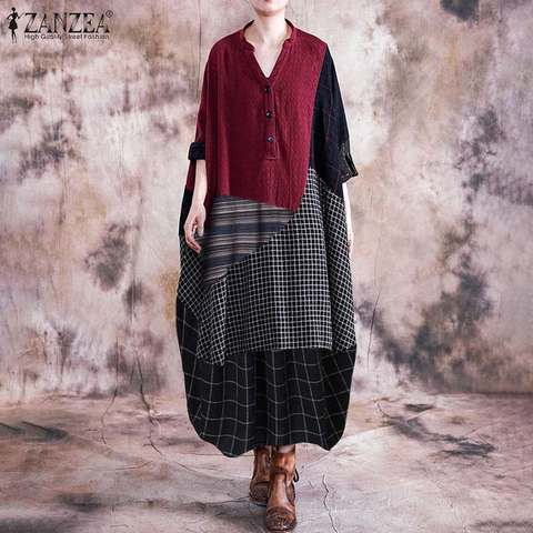 ZANZEA femmes col en V à manches longues Pacthwork Robe printemps Vintage Plaid à carreaux Robe de soleil coton lin Robe longue chemise Robe ► Photo 1/6