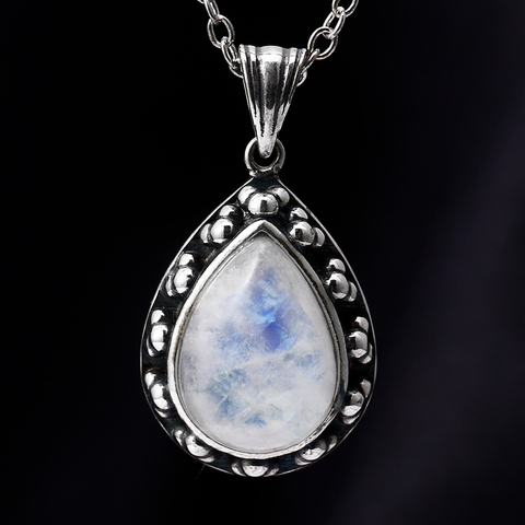 Collier avec pendentif en argent Sterling S925, grande forme de poire, 10x14, pierre de lune, rétro, pour fête de fiançailles ► Photo 1/6