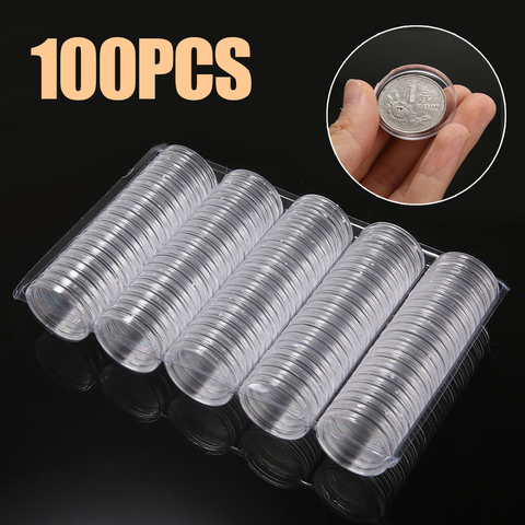 100pcs nouveau 27mm rond Capsules de pièces de monnaie stockage conteneur de caisses en plastique transparent boîte de rangement de pièces pour pièce de 2 euros ► Photo 1/6