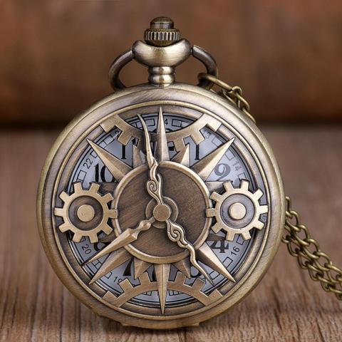 Antique Steampunk Bronze creux mouvement de vitesse Quartz montre de poche pendentif cadeau avec chaîne montres de poche Fob montre cadeau garçons hommes ► Photo 1/5
