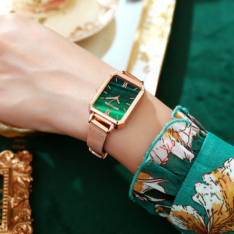 Top marque montre de luxe femmes montres mode rectangulaire Malachite vert montre dames Ultra-mince étanche Quartz montre-bracelet ► Photo 1/6