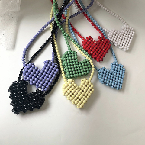 Mini sac à main en forme de cœur pour femmes, rouge à lèvres à changement perlé, épaule simple, bouche Oblique, sac messager en perles colorées ► Photo 1/6