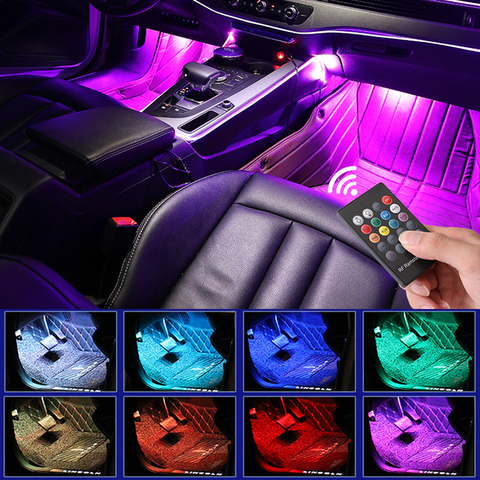 Lampe LED multiples modes d'ambiance au niveau des pieds dans la voiture, prenez le contrôle en accordant la lumière à la musique, contrôle à distance, sans fil et branchement port USB ► Photo 1/6