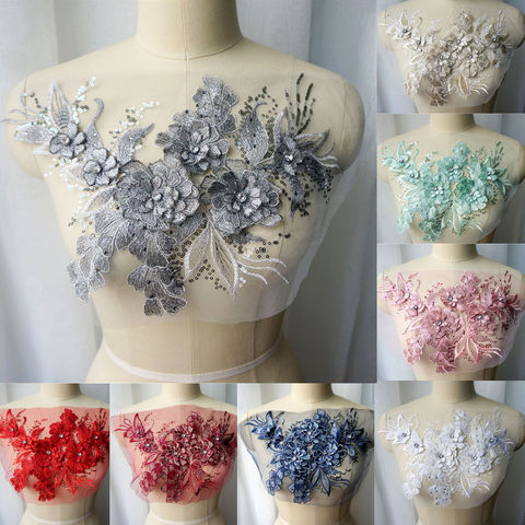 Robe brodée en dentelle de feuilles de fleurs 3D, grise, bleue, rouge, à paillettes, avec des Appliques, Patch de couture en maille pour décor de mariage ► Photo 1/6