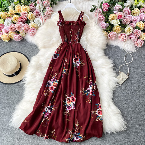 Vintage Boho bouton Sexy Spaghetti sangle imprimé florale Midi longue robe d'été fête femmes élégant tunique robe plage vacances robe ► Photo 1/6