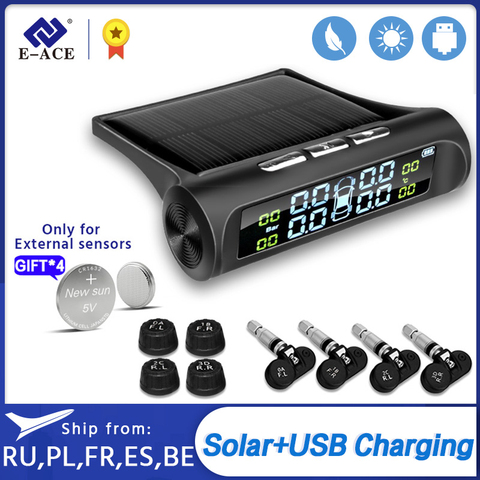 Système d'alarme TPMS de pression des pneus de voiture à énergie solaire E-ACE, système d'alarme de sécurité automatique, alerte de température et de pression des pneus ► Photo 1/6