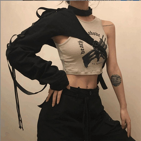 Élégant cordon rubans à manches longues une épaule Choker Hoodies 2022 femmes automne biais col Ultra court pull Crop hauts ► Photo 1/6