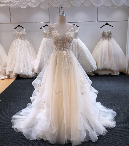 Robe de mariée ligne a à col en v, dos nu, avec perles, magnifique traîne pour les Appliques judiciaires, SL-6254 ► Photo 1/6