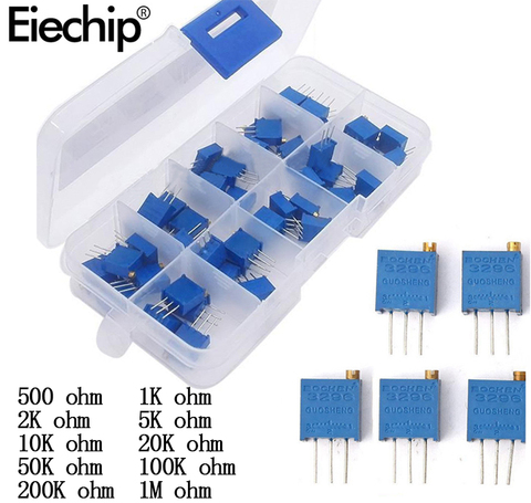 50 pièces/lot 3296W série 500R 1K 2K 5K 10K 20K 50K 100K 200K 1M potentiomètre multi-tours 10K résistances variables avec coffret ► Photo 1/6