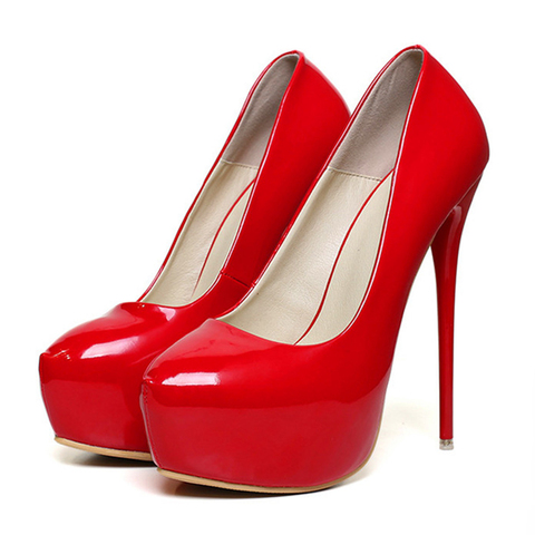 Chaussures en cuir verni pour femmes, rouge, grande taille 41 à 47, bout arrondi à talons Super hauts de 16cm, plateforme Sexy, pour fêtes, collection 2022 ► Photo 1/6