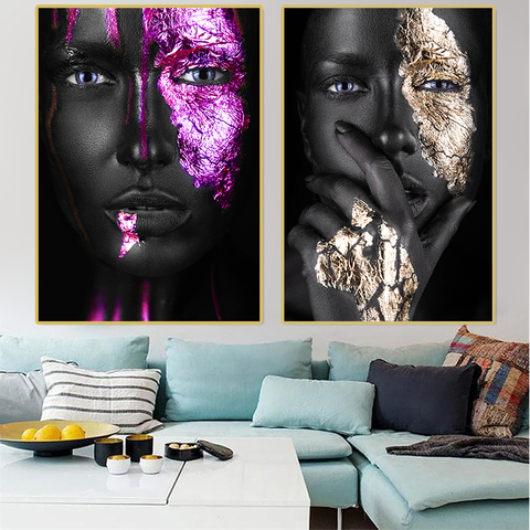 Peinture scandinave toile mur art affiche Art africain noir et or violet femme salon décoration Figure photos Impression de toile de chevet de lumière de luxe peinture d'art moderne ► Photo 1/6