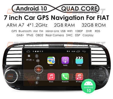 Système Audio multimédia avec écran tactile, DSP, IPS, Android 10, Navigation GPS, wifi, 4g lte, obd, dvr, rds, fm, am, pour voiture FIAT 500 ► Photo 1/1