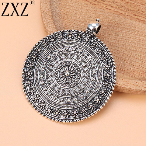 ZXZ 2 pièces tibétain argent grand Boho rond fleur médaillon breloques pendentifs pour collier bijoux faisant des résultats 64x64mm ► Photo 1/3