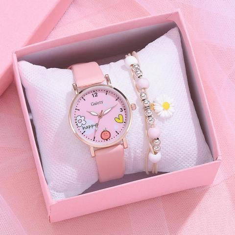 Zegarek enfants montres ensemble étudiants enfants rose montre filles bracelet en cuir enfant heures Quartz montre-bracelet fille cadeau horloges ► Photo 1/6