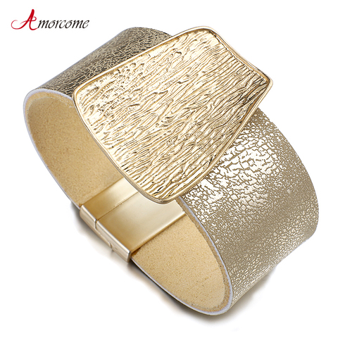 Amorcome 2022 nouveau charme or Bracelet en cuir véritable pour femmes Femme mode métal large Bracelets & Bracelets bijoux cadeau ► Photo 1/6