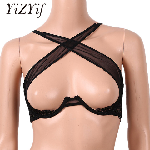 Soutien-gorge Sexy, bonnet ouvert, sous-vêtement en maille transparente, sous-vêtement érotique, croisé sur le devant, sous-vêtement ► Photo 1/6