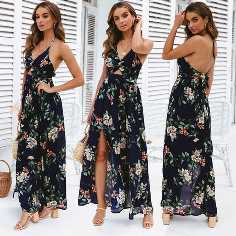Mode femmes sans manches Boho imprimé Floral longue robe Maxi sans manches soirée été plage robe d'été robes d'été ► Photo 1/6