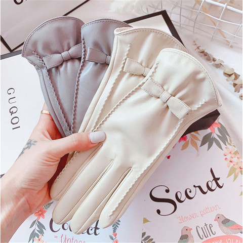 Gants en cuir véritable pour femmes, écran tactile automne-hiver, avec nœud papillon, Plus velours, pour Locomotive thermique, 1205 ► Photo 1/6