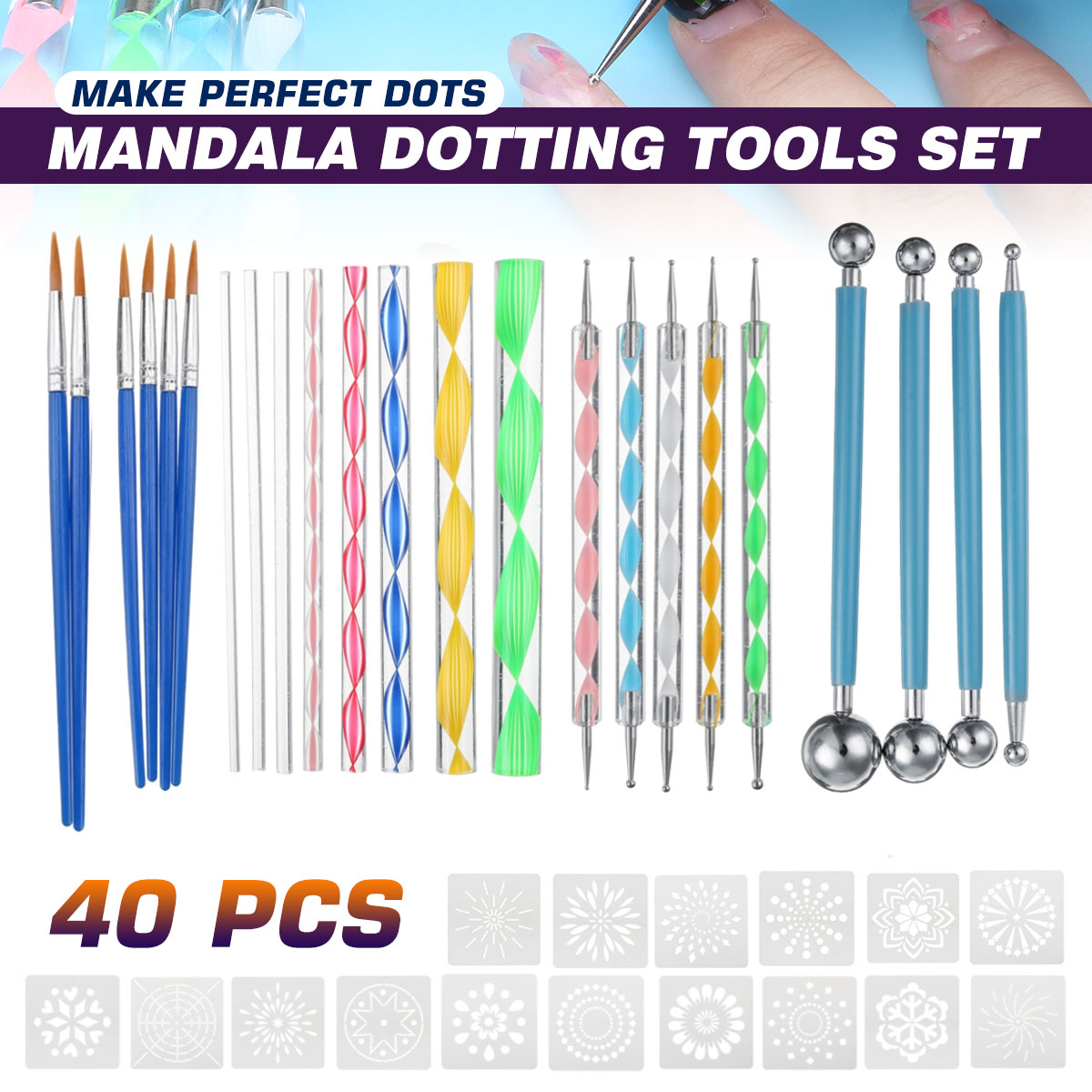40 pièces Mandala pointage outils ensemble pointage stylos brosse acrylique tiges couleur brosse Nail Art pour peinture roches dessin dessin femmes ► Photo 1/6