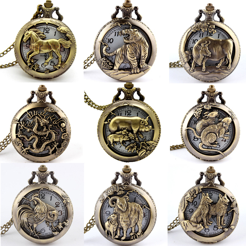 Collier pendentif du zodiaque chinois Antique pour hommes, pendentif rond, avec poches, montre Fob pour garçons, cadeaux pour chien ► Photo 1/6