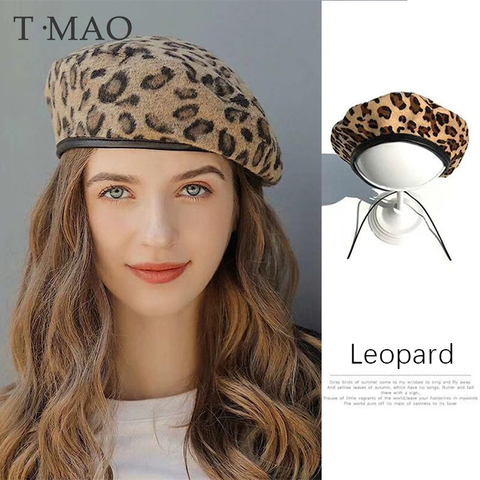 Femmes chapeau mignon béret Vintage chapeaux pour femmes léopard feutre chapeau Beanie laine hiver chapeau 2022 femmes béret avec visière chaud ► Photo 1/6