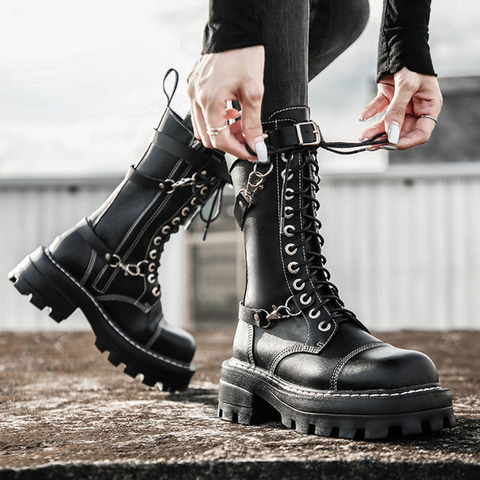 Rosetic Punk moto Martin bottes femmes hiver épais grande taille 41 gothique bottes en cuir talon haut haut plate-forme fil 40 ► Photo 1/6