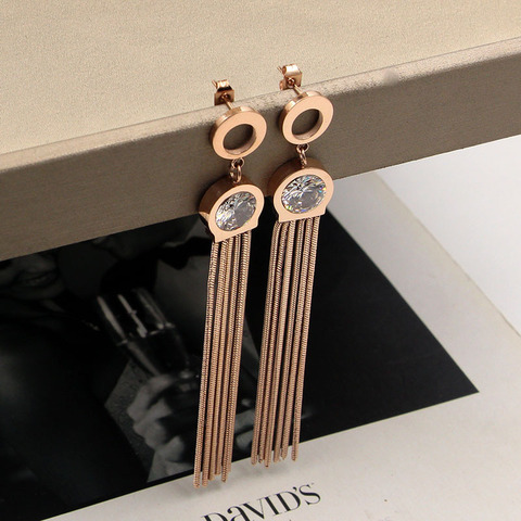 Boucles d'oreilles rondes en or rose pour femmes, bijoux en cristal, six os de serpent, chaîne à pompon, en acier inoxydable, vente en gros ► Photo 1/6