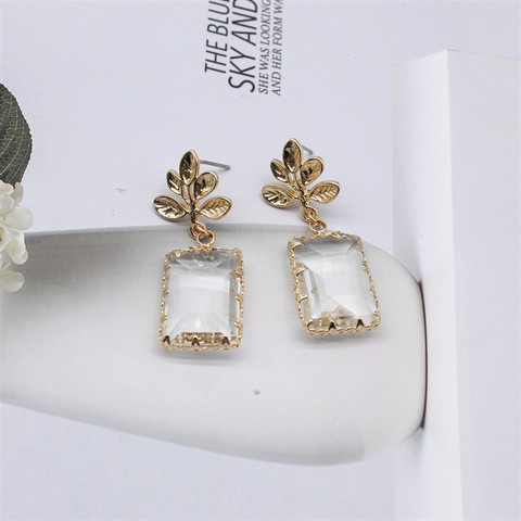 Boucles d'oreilles en métal avec feuille en verre blanc transparent, bijoux populaires à la mode, boucles d'oreilles de déclaration, cadeau pour femmes ► Photo 1/6