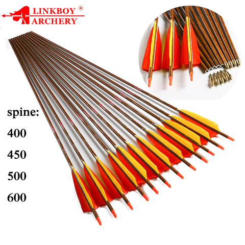 Linkboy – flèches en carbone pour tir à l'arc, 12 pièces, 5 '', Spine400-600 mm, arc traditionnel recourbé, composé de plumes de dinde, ID6.2mm ► Photo 1/6