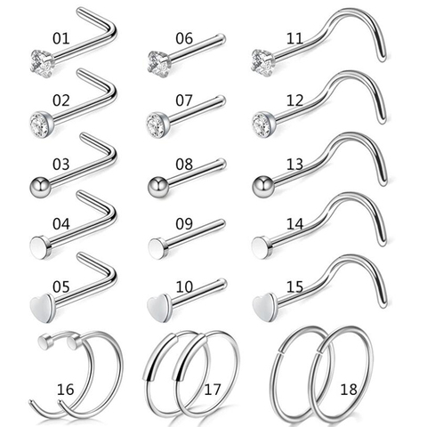 Clous de nez en acier chirurgical 20G, 5/9/21 pièces, clous de nez, vis, anneau de nez, Piercing, couleur argent, clou de nez ► Photo 1/5