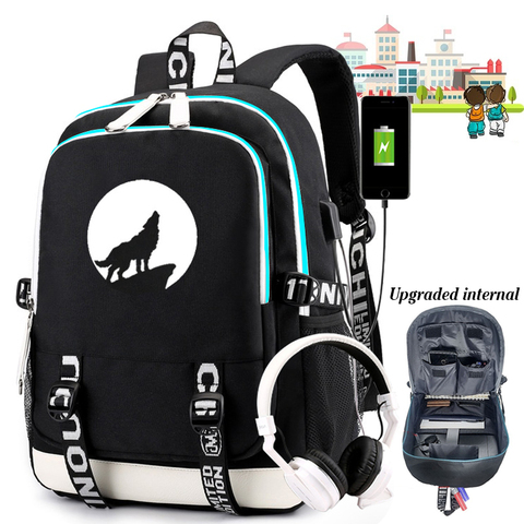 Nouveau Moon Wolf école sac à dos pour adolescents garçons filles lumineux voyage toile sac ordinateur portable respirant sac à dos peut USB charge ► Photo 1/6