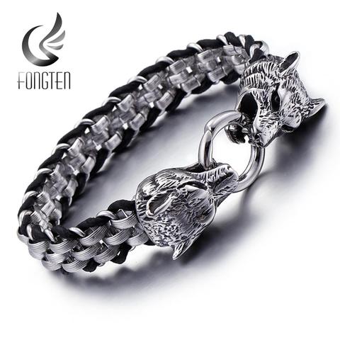 Fongten Vintage loup Bracelet en acier inoxydable en cuir de vachette hommes mode Bracelet Bracelet hommes Bracelet hommes Accessoires bijoux ► Photo 1/6