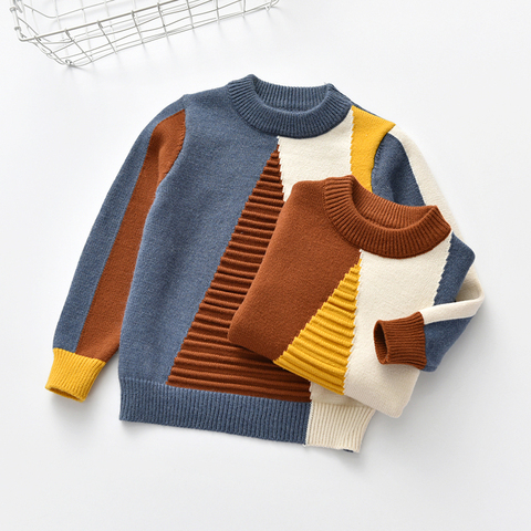 Bébé enfants t-shirt pull bébé fille géométrique Triangle Rectangle Match Style petit garçon tenue col rond tricoté vêtements pour 2T-8T ► Photo 1/5