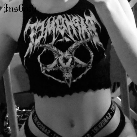 InsGoth Punk Gothique Tête De Chèvre Imprimé Réservoirs Streetwear Moulante Noir Débardeur Basique Hauts Femmes Grunge Sexy D'été Sans Manches Top Court ► Photo 1/6