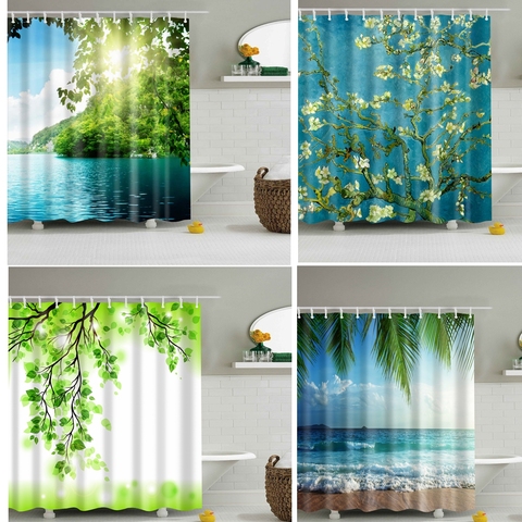 3D rideau de douche plage vert forêt imperméable Polyester pour salle de bain rideau vert plante rideau de douche avec crochet cortina ► Photo 1/6