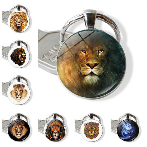 WG 1pc Lion tête temps gemme & pierre porte-clés Cabochon verre boule métal porte-clés pendentif bijoux pour femmes ► Photo 1/6